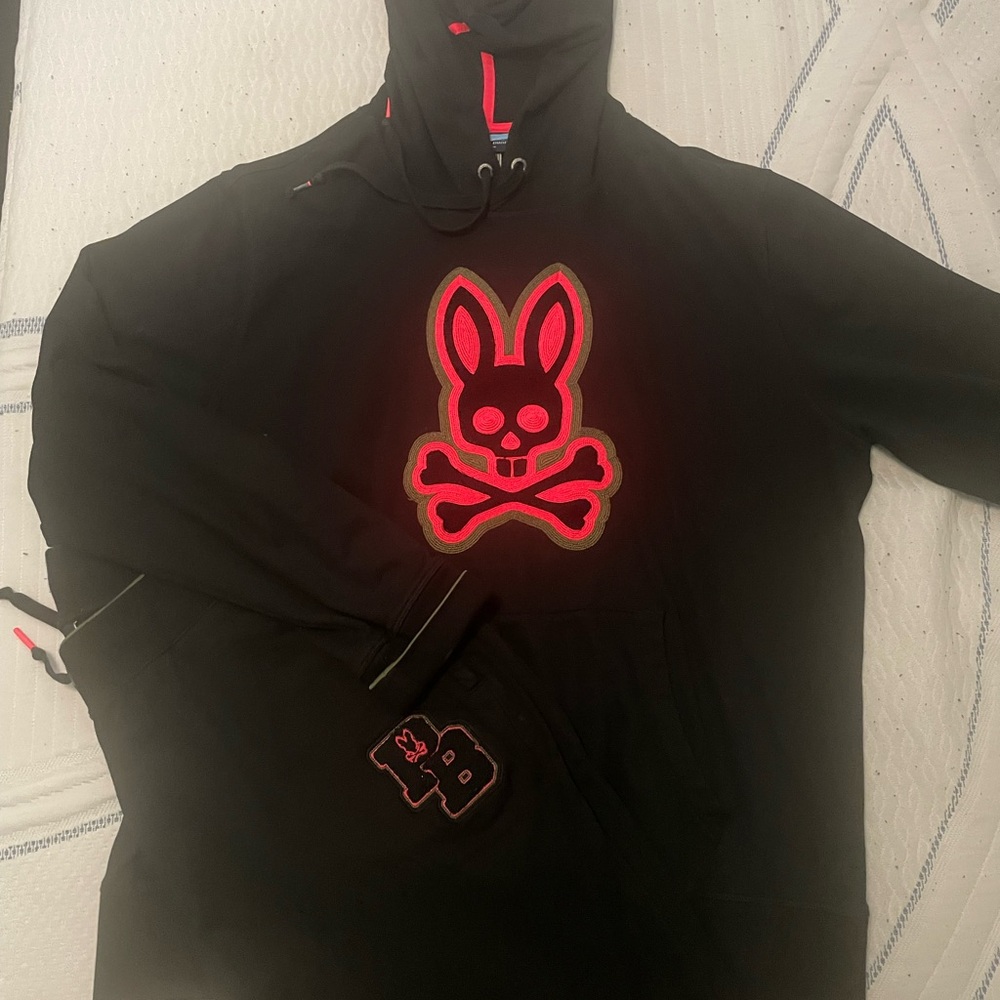 Black Psycho Bunny Hoodie with Pink Skull Bunny Design